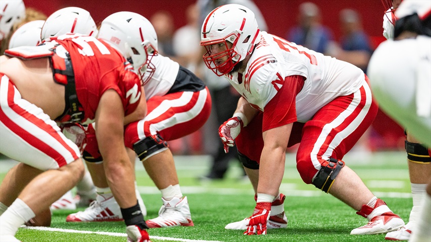 huskers line up on offense and defense for scrimmage